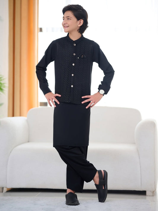 Boys 3-Piece Waistcoat Kurta Shalwar Set – Traditional Pakistani Ethnic Wear